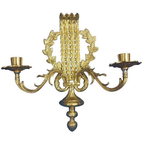 Vtg Gold Brass Wall Sconces 2 Arm Candelabra Mid Century Laurel Acanthus Leaves - Picture 3 of 9